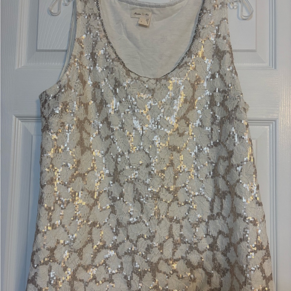 Anthropologie Meadow Rue Cream Sequin Pleated top